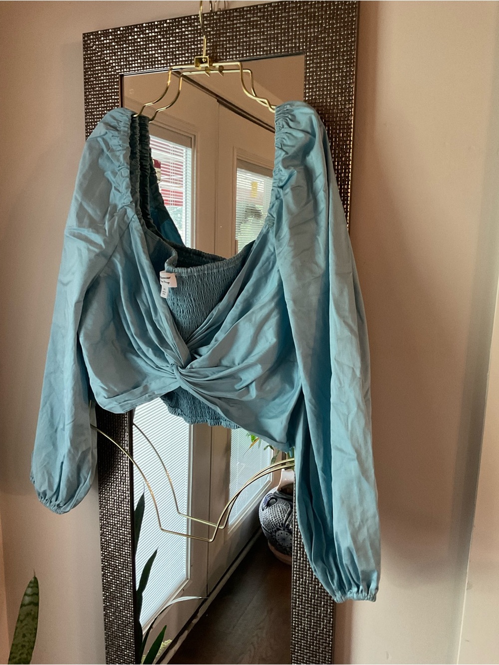 Blue Puff-Sleeve Twist-Front Long Sleeve Top